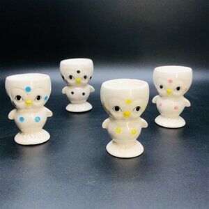 Vintage 60s Polka Dot Chick Egg Cup Holder SET: Anthropomorphic Kitsch Brunch